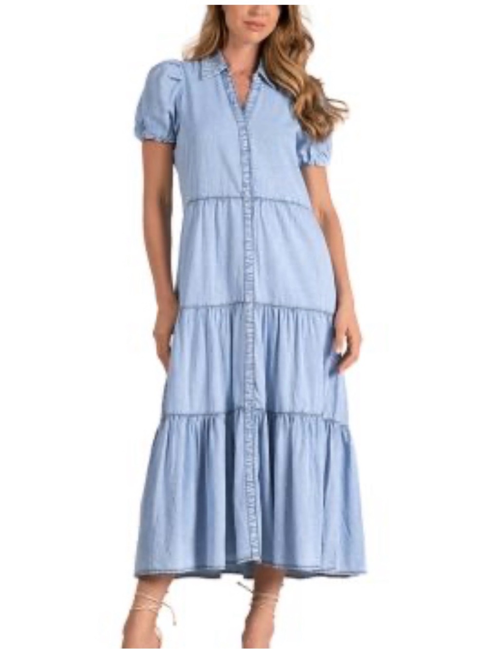 Light Blue Tiered Chambray Midi Dress
